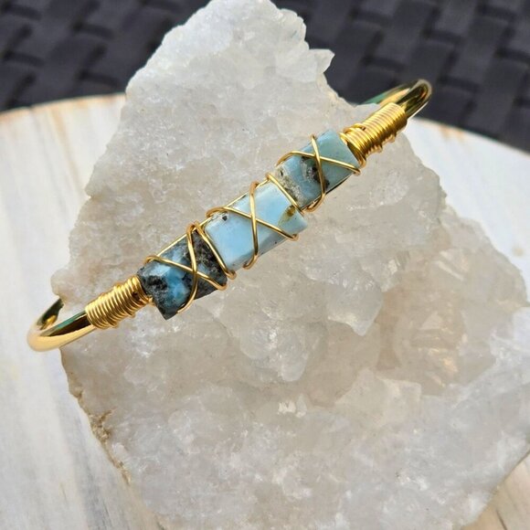 Larimar ✦ Wire Wrap Cuff ✦ 14Kt Gold Over Copper w/ Ocean Calm & Peace Talisman - Picture 10 of 12